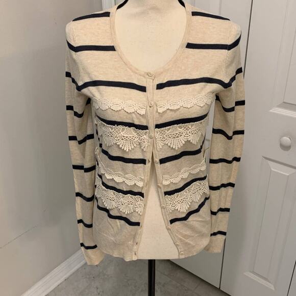 Flying Tomato Sweaters - Flying Tomato oatmeal with navy stripes and lace details long sleeve cardigan M